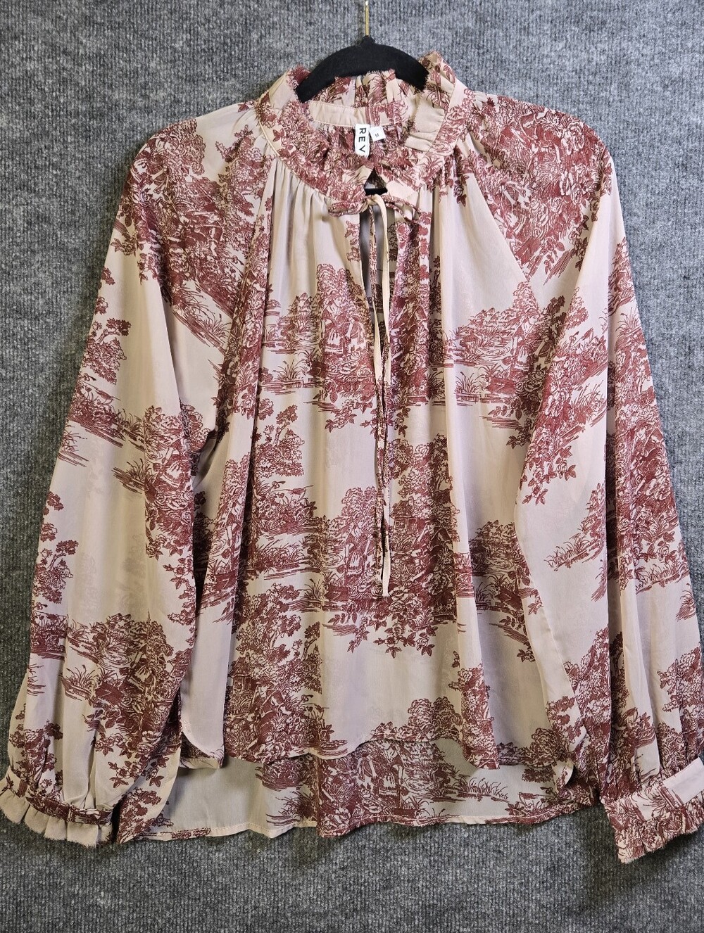 Revel Top Womens M Burgundy Cream Toile Chiffon Ruffle French Countryside